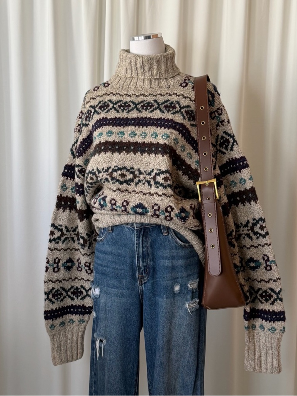 Vintage 1980’s POLO Ralph Lauren Hand knit Fair Isle turtleneck sweater large